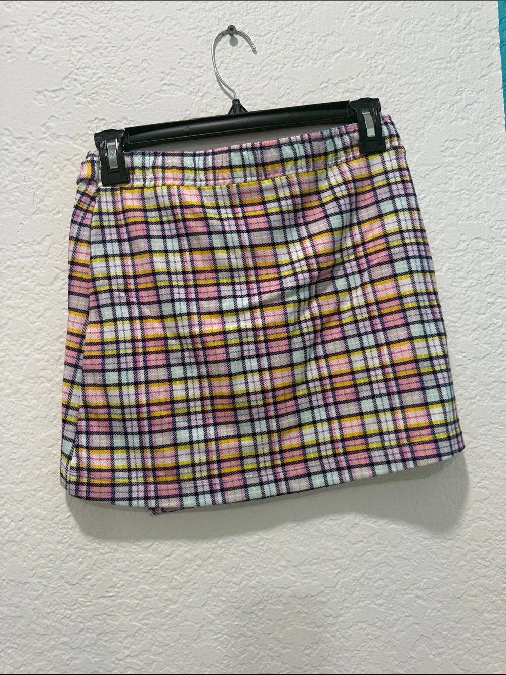 Justice Pink and Yellow Plaid Mini Skirt with Side Buckle